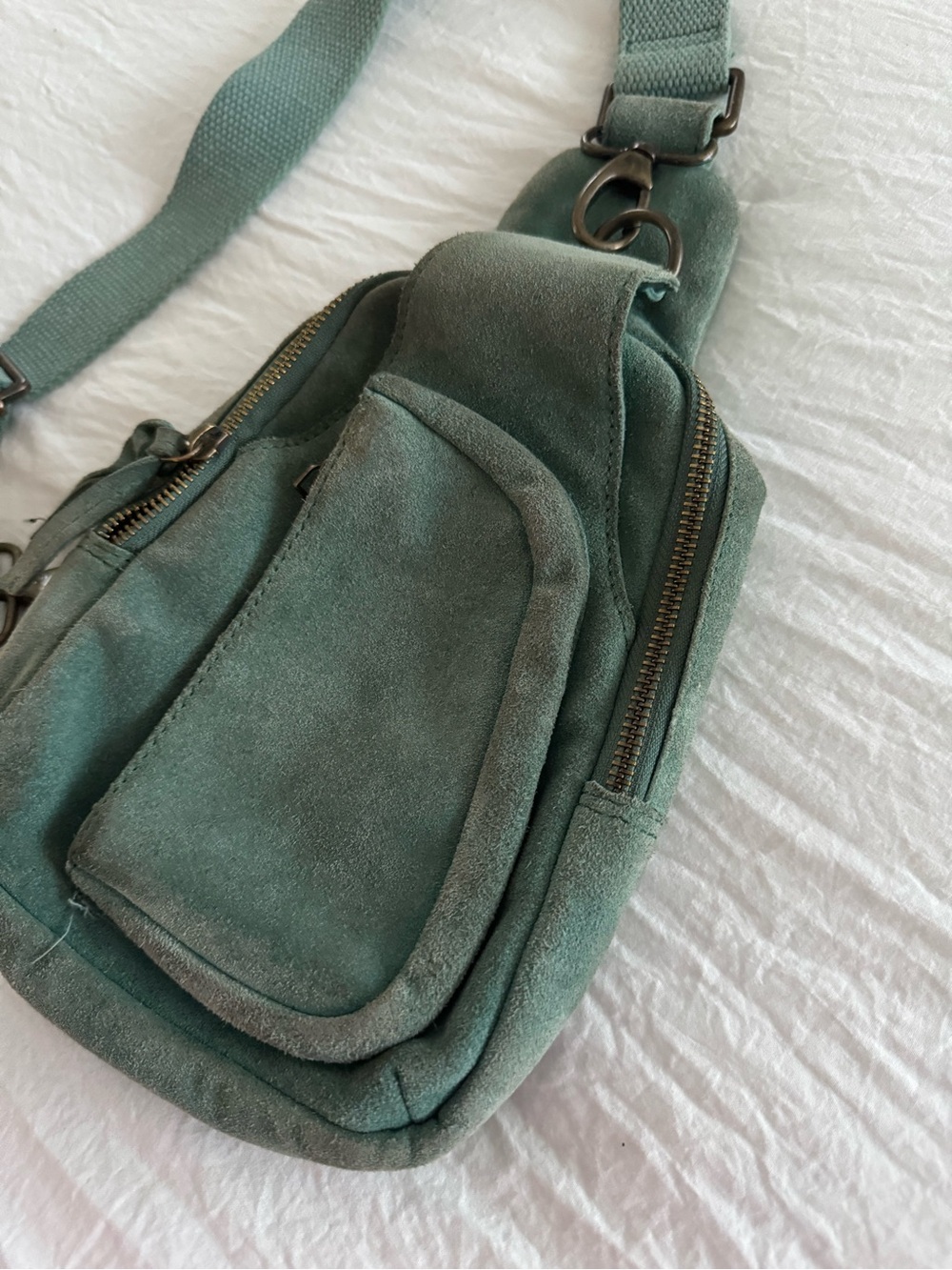 Free People Hudson Suede Sling Bag Teal Leather Crossbody Boho - Picture 9 of 12